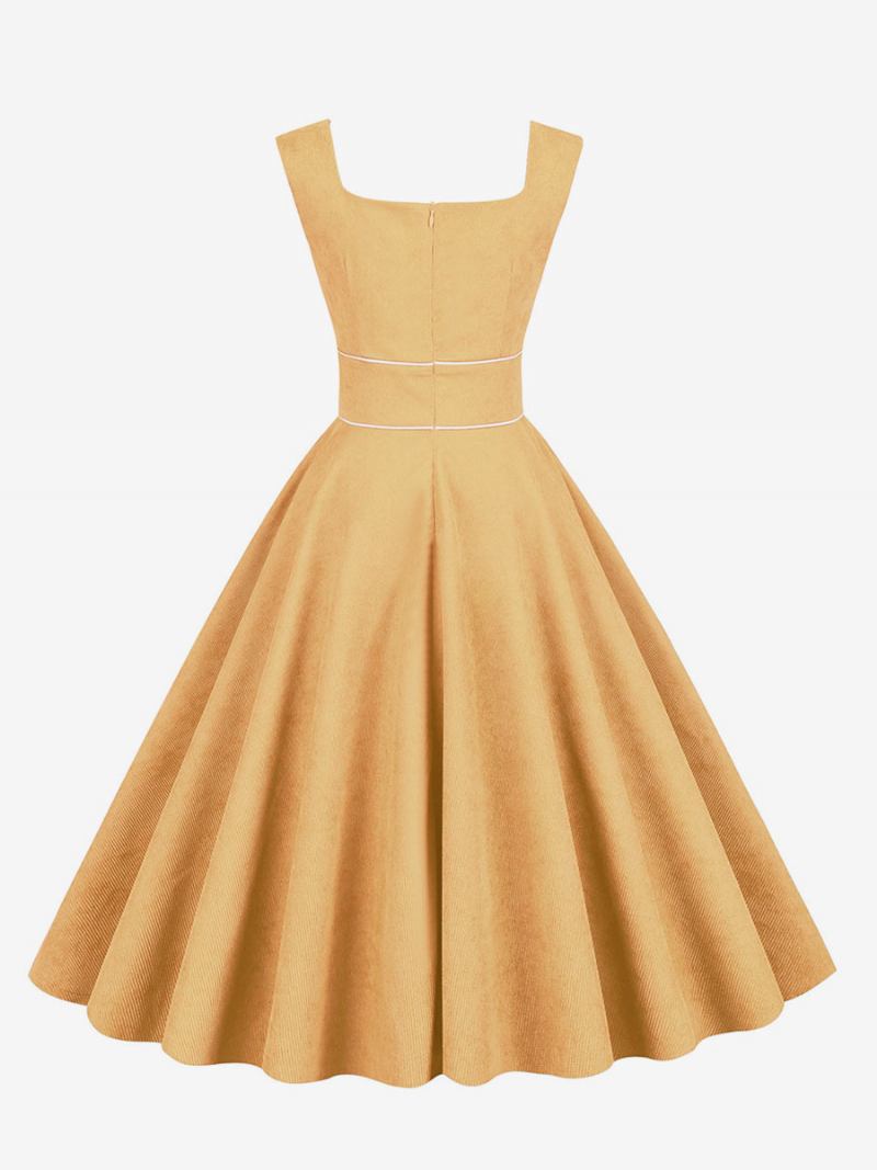 Vestido Retrô Feminino Dos Anos 1950 Audrey Hepburn Estilo Bebê Azul Debruado Sem Mangas Gola Quadrada Rockabilly Médio - Amarelo 