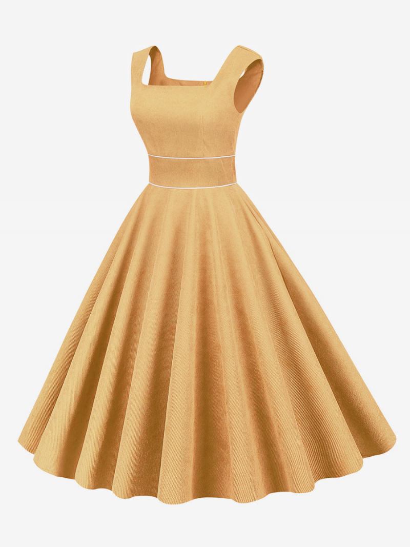 Vestido Retrô Feminino Dos Anos 1950 Audrey Hepburn Estilo Bebê Azul Debruado Sem Mangas Gola Quadrada Rockabilly Médio - Amarelo 