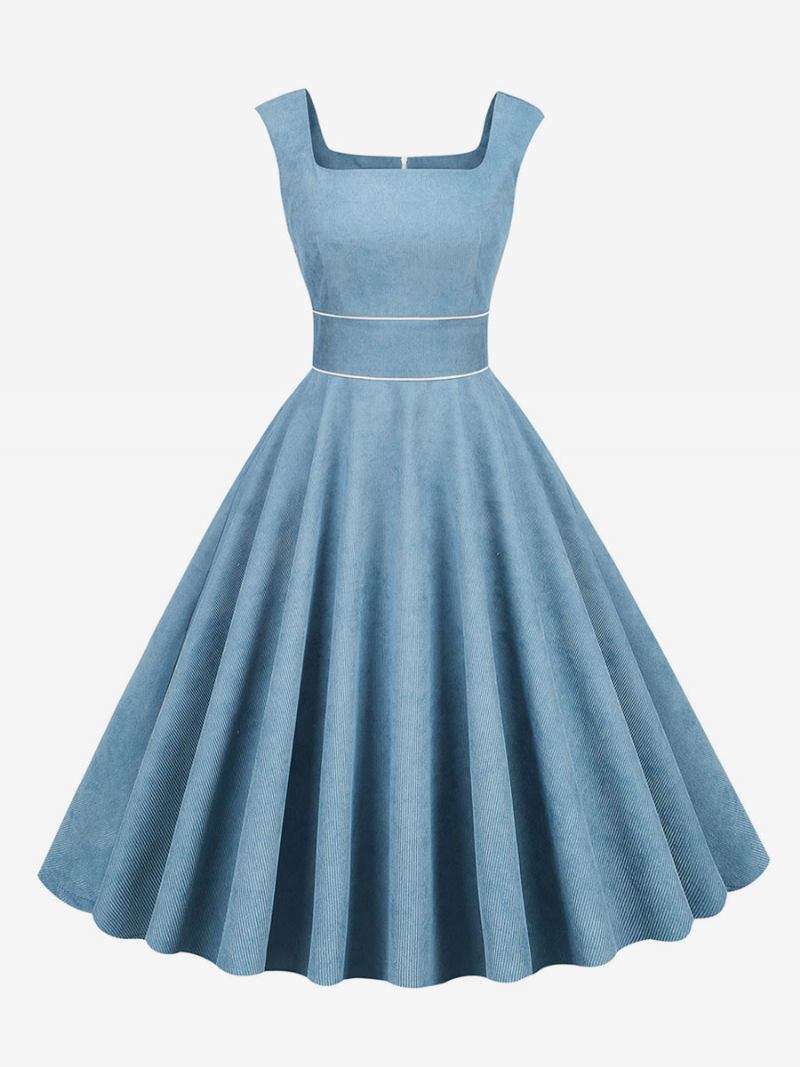 Vestido Retrô Feminino Dos Anos 1950 Audrey Hepburn Estilo Bebê Azul Debruado Sem Mangas Gola Quadrada Rockabilly Médio -  Azul Bebê