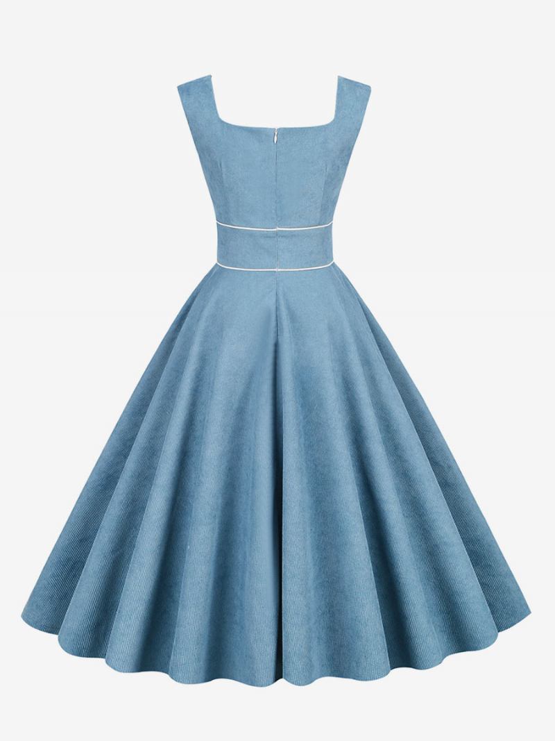 Vestido Retrô Feminino Dos Anos 1950 Audrey Hepburn Estilo Bebê Azul Debruado Sem Mangas Gola Quadrada Rockabilly Médio -  Azul Bebê