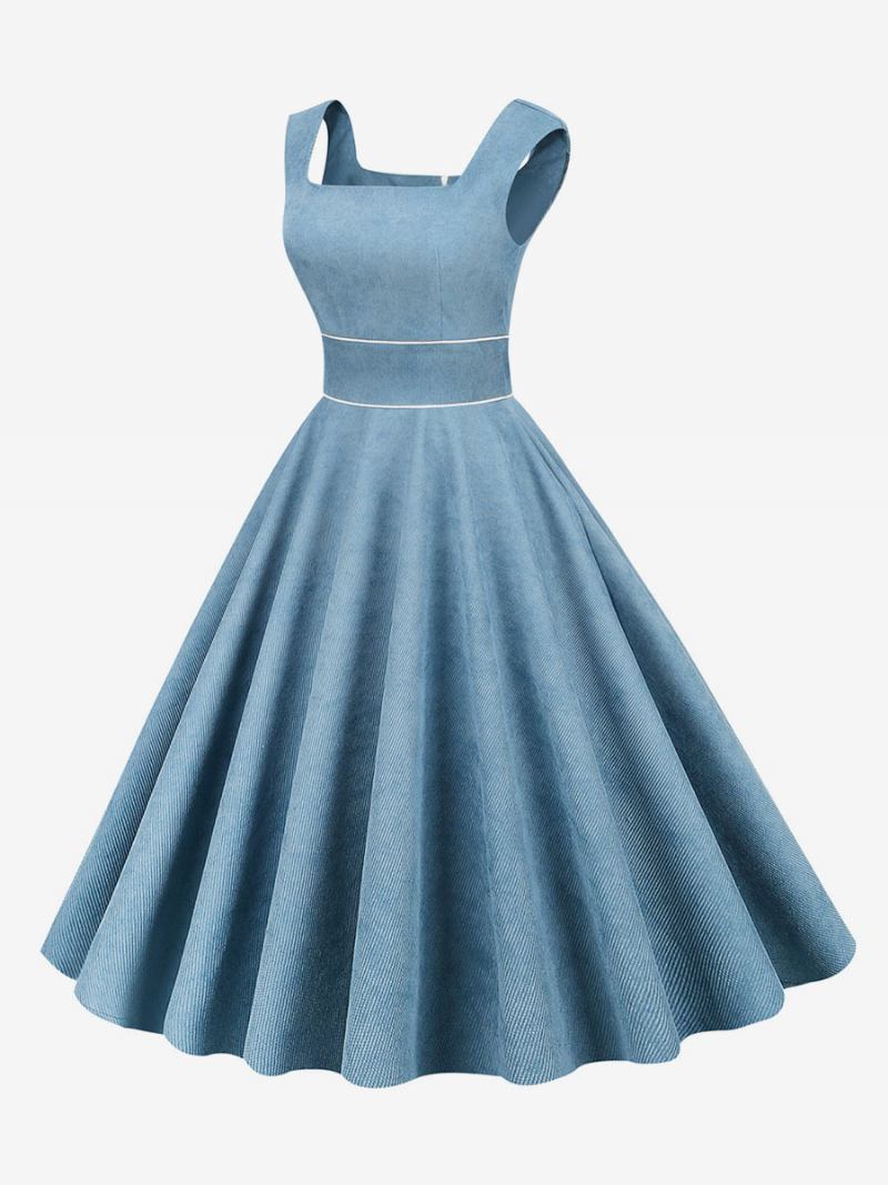 Vestido Retrô Feminino Dos Anos 1950 Audrey Hepburn Estilo Bebê Azul Debruado Sem Mangas Gola Quadrada Rockabilly Médio -  Azul Bebê