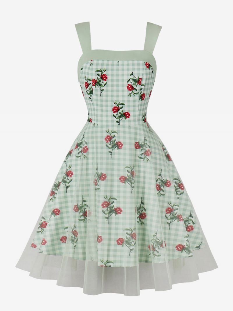 Vestido Retrô Feminino Dos Anos 1950 Audrey Hepburn Estilo Gola Quadrada Sem Mangas Estampa Floral Na Altura Do Joelho Verde Claro