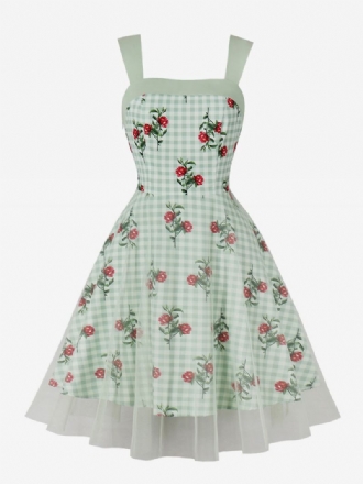 Vestido Retrô Feminino Dos Anos 1950 Audrey Hepburn Estilo Gola Quadrada Sem Mangas Estampa Floral Na Altura Do Joelho Verde Claro