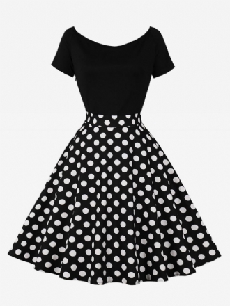 Vestido Retrô Feminino Dos Anos 1950 Audrey Hepburn Estilo Joia Com Gola Curta E Mangas Curtas Na Altura Do Joelho Rockabilly Bolinhas