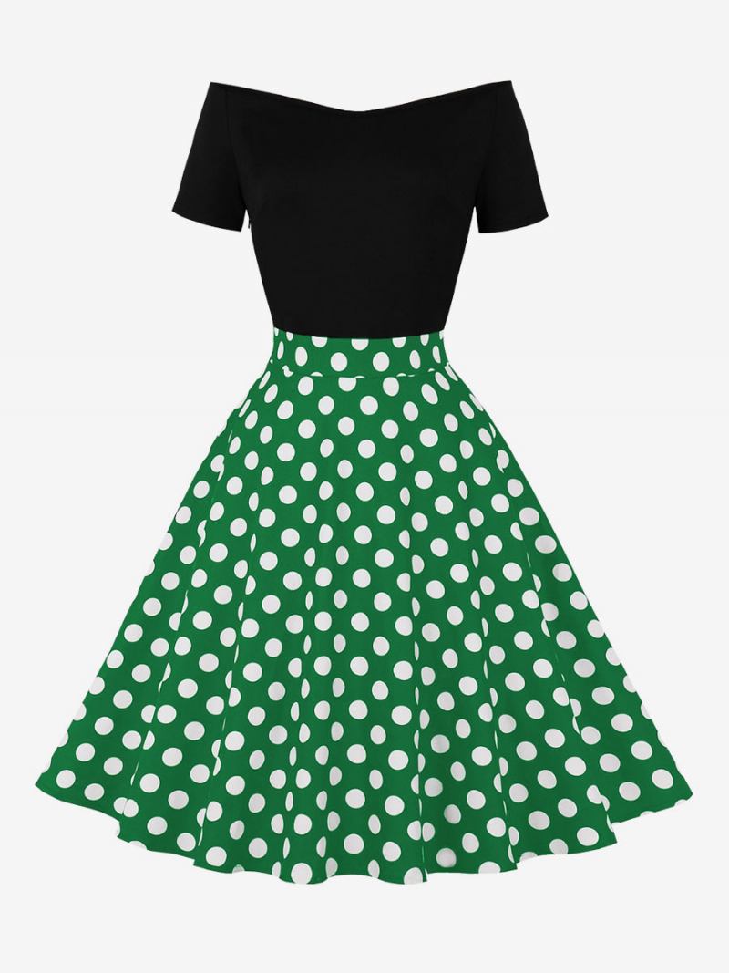 Vestido Retrô Feminino Dos Anos 1950 Audrey Hepburn Estilo Joia Com Gola Curta E Mangas Curtas Na Altura Do Joelho Rockabilly Bolinhas - Verde