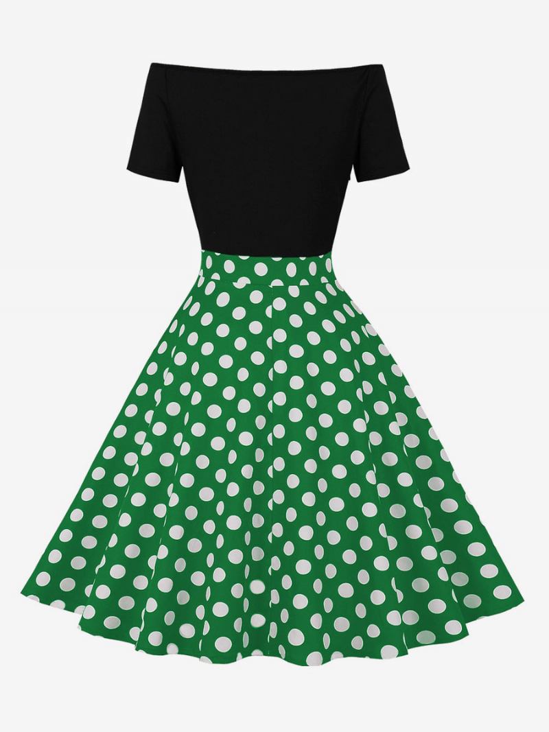 Vestido Retrô Feminino Dos Anos 1950 Audrey Hepburn Estilo Joia Com Gola Curta E Mangas Curtas Na Altura Do Joelho Rockabilly Bolinhas - Verde