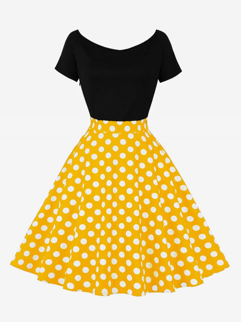 Vestido Retrô Feminino Dos Anos 1950 Audrey Hepburn Estilo Joia Com Gola Curta E Mangas Curtas Na Altura Do Joelho Rockabilly Bolinhas - Amarelo