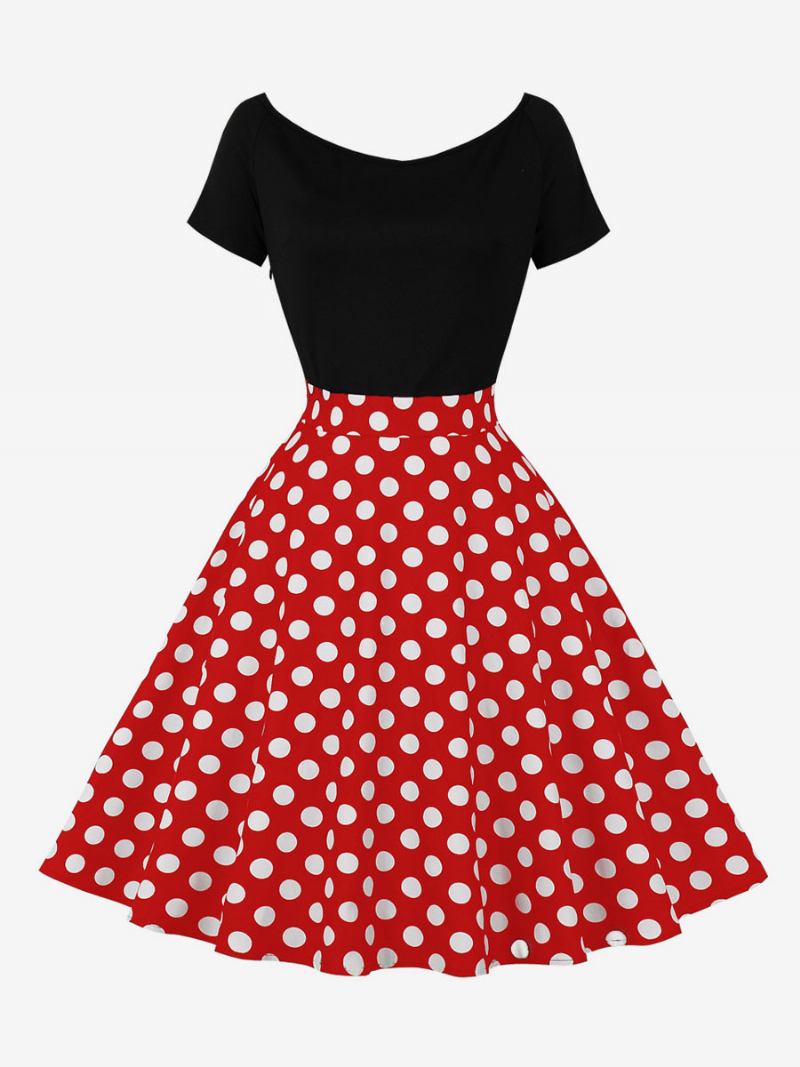 Vestido Retrô Feminino Dos Anos 1950 Audrey Hepburn Estilo Joia Com Gola Curta E Mangas Curtas Na Altura Do Joelho Rockabilly Bolinhas - Vermelho