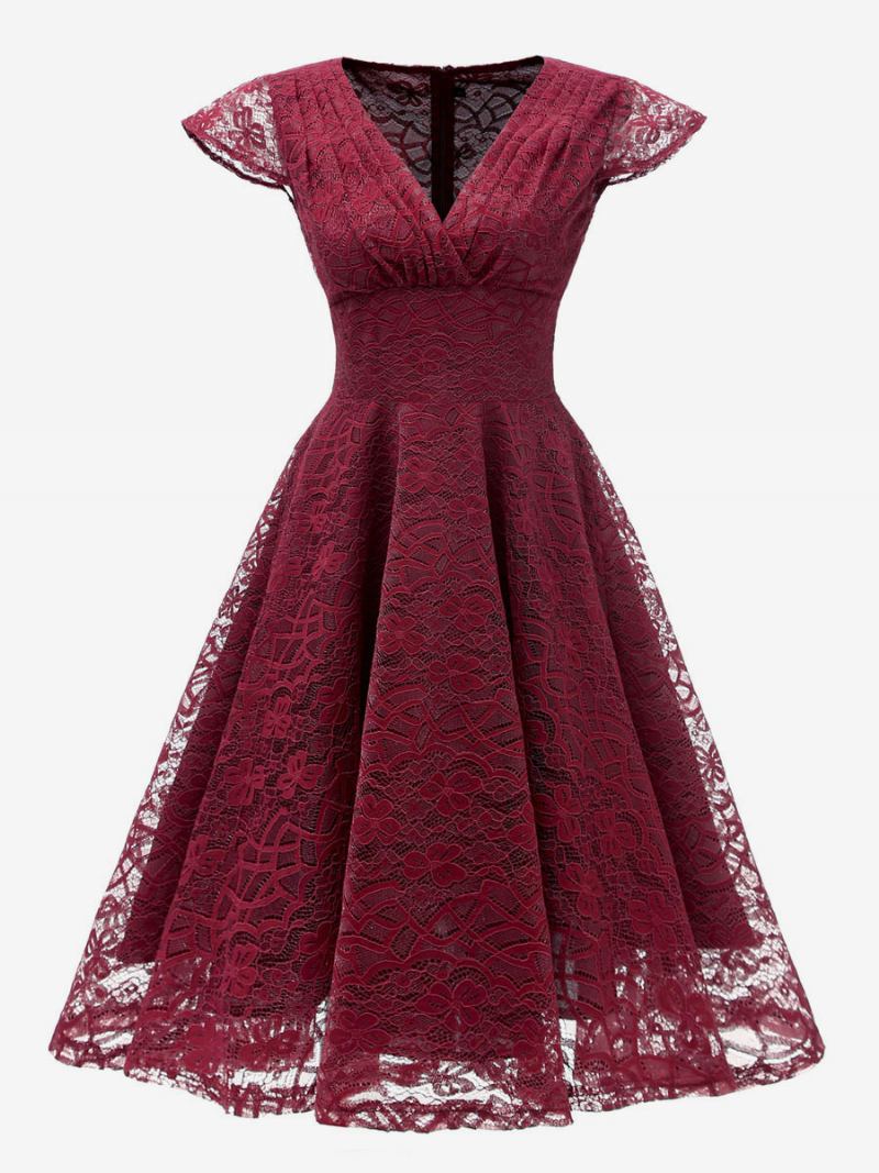 Vestido Retrô Feminino Dos Anos 1950. Decote Em V Mangas Curtas Rockabilly Médio Cor Vinho