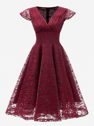 Vestido Retrô Feminino Dos Anos 1950. Decote Em V Mangas Curtas Rockabilly Médio Cor Vinho