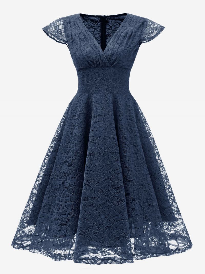 Vestido Retrô Feminino Dos Anos 1950. Decote Em V Mangas Curtas Rockabilly Médio Cor Vinho - Marinho Escuro