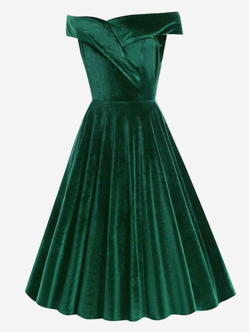 Vestido Retrô Feminino Dos Anos 1950. Estilo Audrey Hepburn Decote Bateau Sem Mangas Médio Swing - Verde