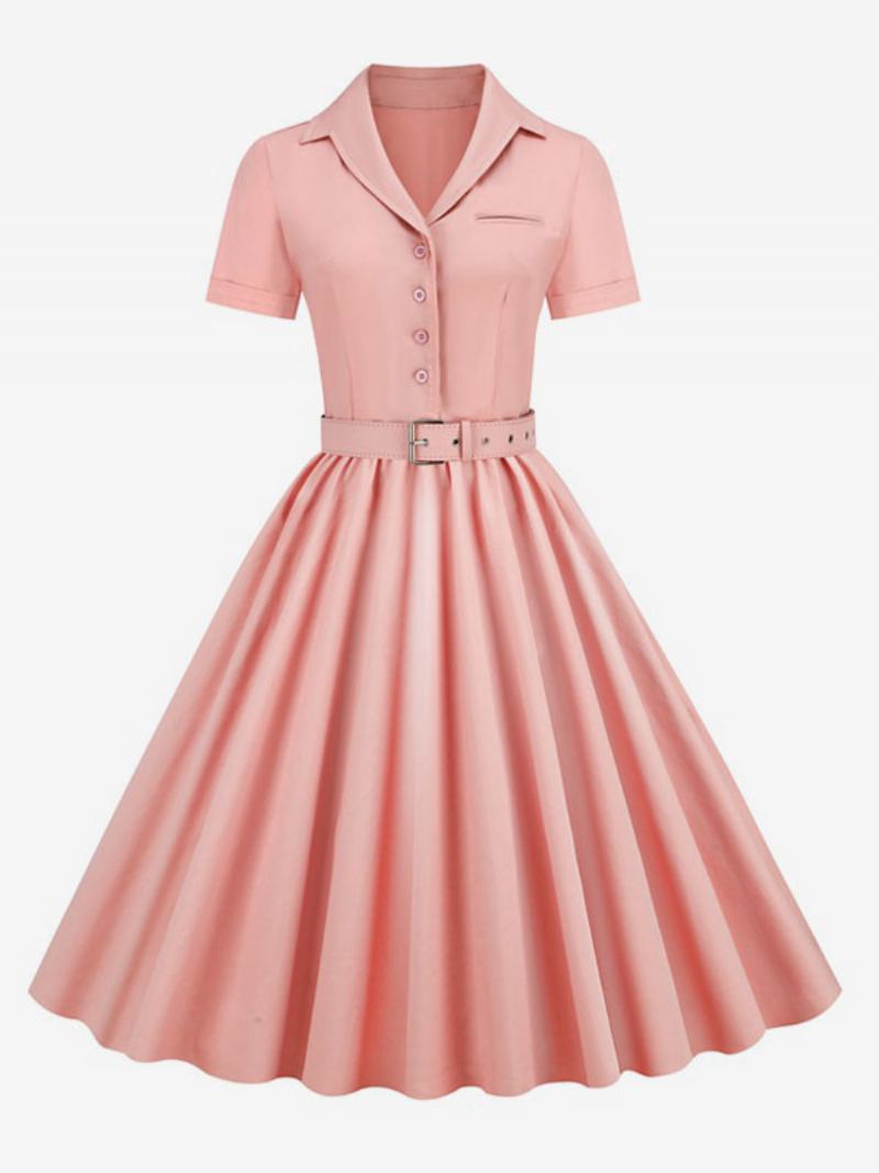 Vestido Retrô Feminino Dos Anos 1950. Estilo Audrey Hepburn Decote Em V Botões Mangas Curtas Camadas Rockabilly Médio