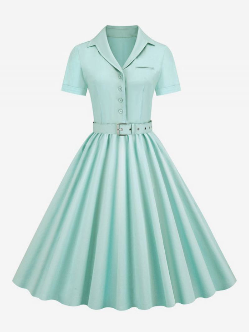 Vestido Retrô Feminino Dos Anos 1950. Estilo Audrey Hepburn Decote Em V Botões Mangas Curtas Camadas Rockabilly Médio - Verde Claro