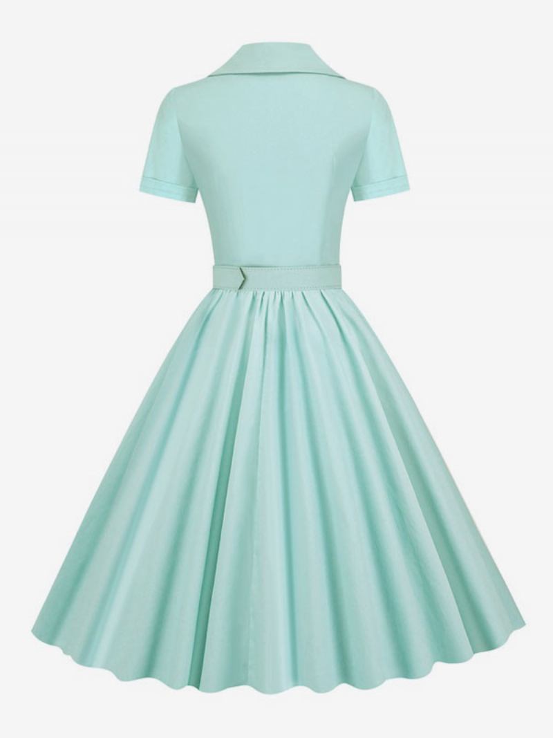 Vestido Retrô Feminino Dos Anos 1950. Estilo Audrey Hepburn Decote Em V Botões Mangas Curtas Camadas Rockabilly Médio - Verde Claro