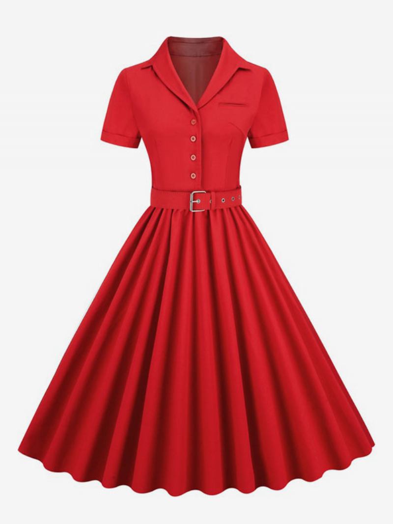 Vestido Retrô Feminino Dos Anos 1950. Estilo Audrey Hepburn Decote Em V Botões Mangas Curtas Camadas Rockabilly Médio - Vermelho