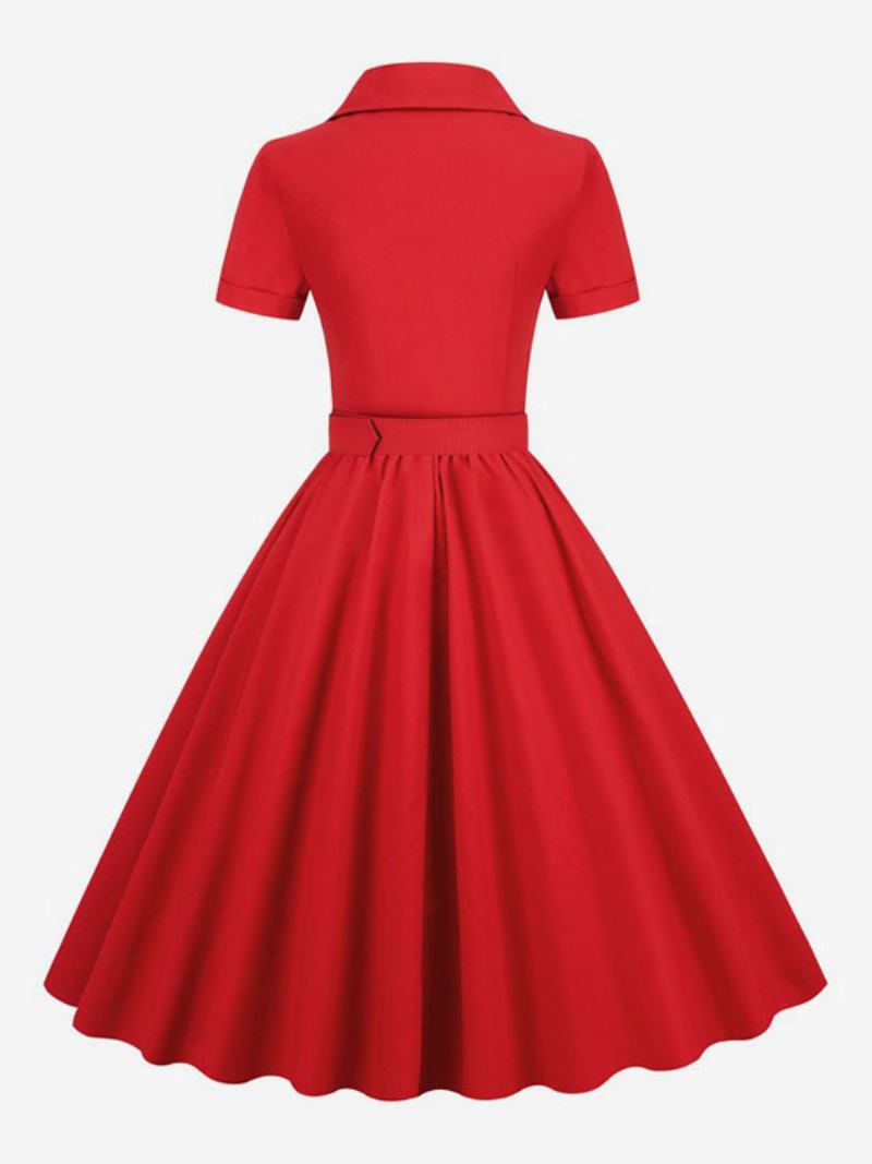 Vestido Retrô Feminino Dos Anos 1950. Estilo Audrey Hepburn Decote Em V Botões Mangas Curtas Camadas Rockabilly Médio - Vermelho