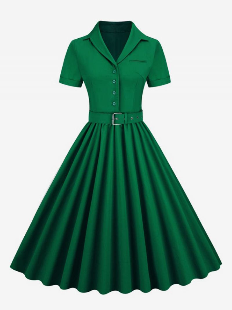 Vestido Retrô Feminino Dos Anos 1950. Estilo Audrey Hepburn Decote Em V Botões Mangas Curtas Camadas Rockabilly Médio - Verde Escuro