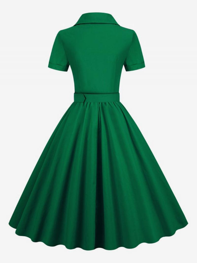 Vestido Retrô Feminino Dos Anos 1950. Estilo Audrey Hepburn Decote Em V Botões Mangas Curtas Camadas Rockabilly Médio - Verde Escuro