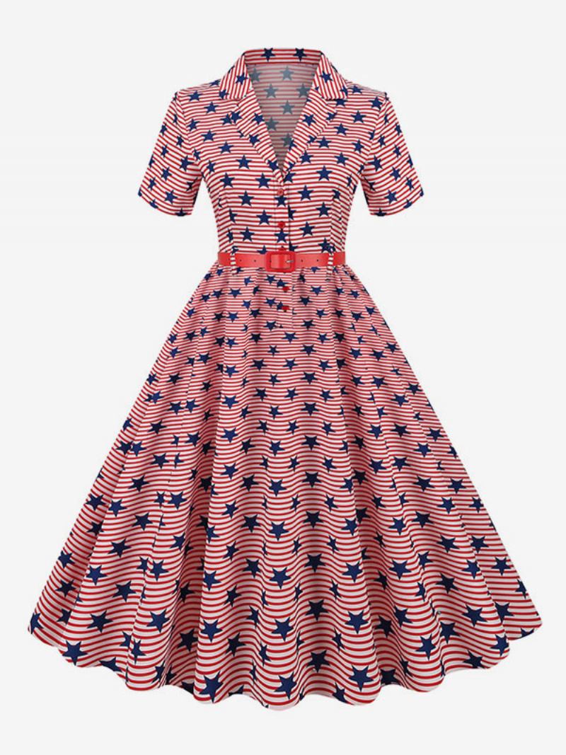 Vestido Retrô Feminino Dos Anos 1950. Estilo Audrey Hepburn Decote Em V Faixa Camadas Mangas Curtas Bandeira Média Rockabilly