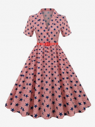 Vestido Retrô Feminino Dos Anos 1950. Estilo Audrey Hepburn Decote Em V Faixa Camadas Mangas Curtas Bandeira Média Rockabilly