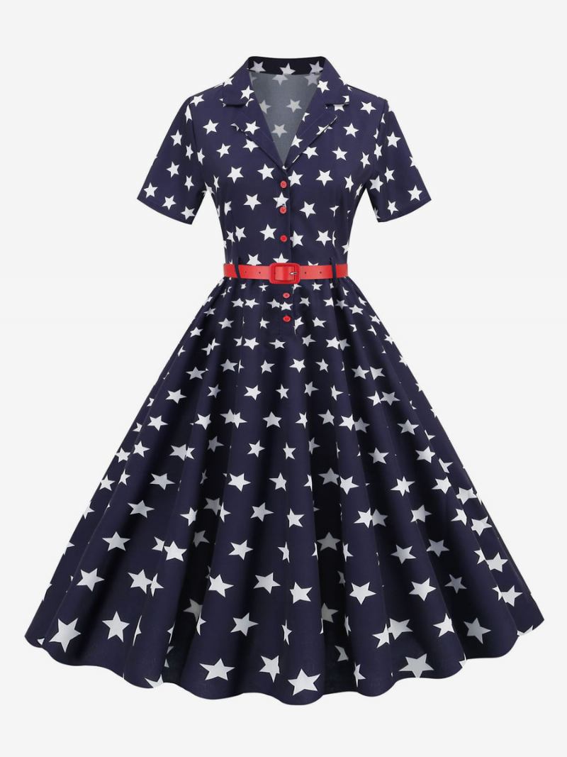 Vestido Retrô Feminino Dos Anos 1950. Estilo Audrey Hepburn Decote Em V Faixa Camadas Mangas Curtas Bandeira Média Rockabilly - Marinho Escuro