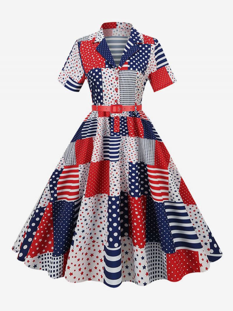 Vestido Retrô Feminino Dos Anos 1950. Estilo Audrey Hepburn Decote Em V Faixa Camadas Mangas Curtas Bandeira Média Rockabilly - Vermelho