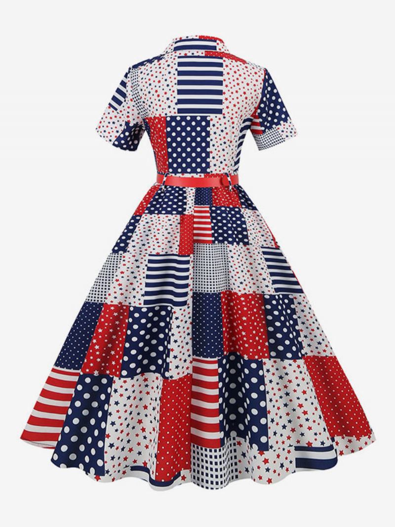 Vestido Retrô Feminino Dos Anos 1950. Estilo Audrey Hepburn Decote Em V Faixa Camadas Mangas Curtas Bandeira Média Rockabilly - Vermelho