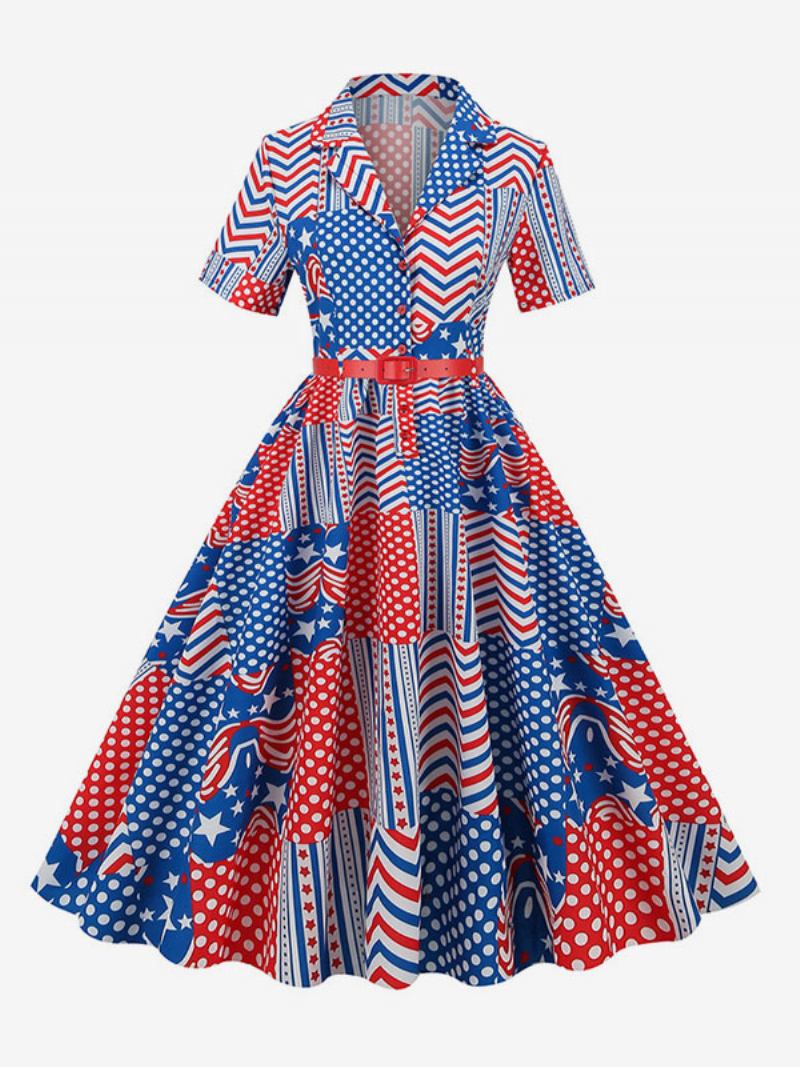 Vestido Retrô Feminino Dos Anos 1950. Estilo Audrey Hepburn Decote Em V Faixa Camadas Mangas Curtas Bandeira Média Rockabilly - Azul