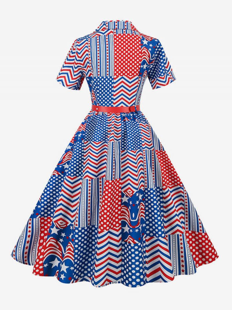 Vestido Retrô Feminino Dos Anos 1950. Estilo Audrey Hepburn Decote Em V Faixa Camadas Mangas Curtas Bandeira Média Rockabilly - Azul