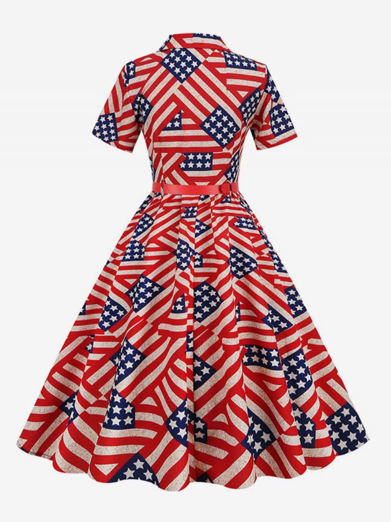 Vestido Retrô Feminino Dos Anos 1950. Estilo Audrey Hepburn Decote Em V Faixa Camadas Mangas Curtas Bandeira Média Rockabilly - Laranja