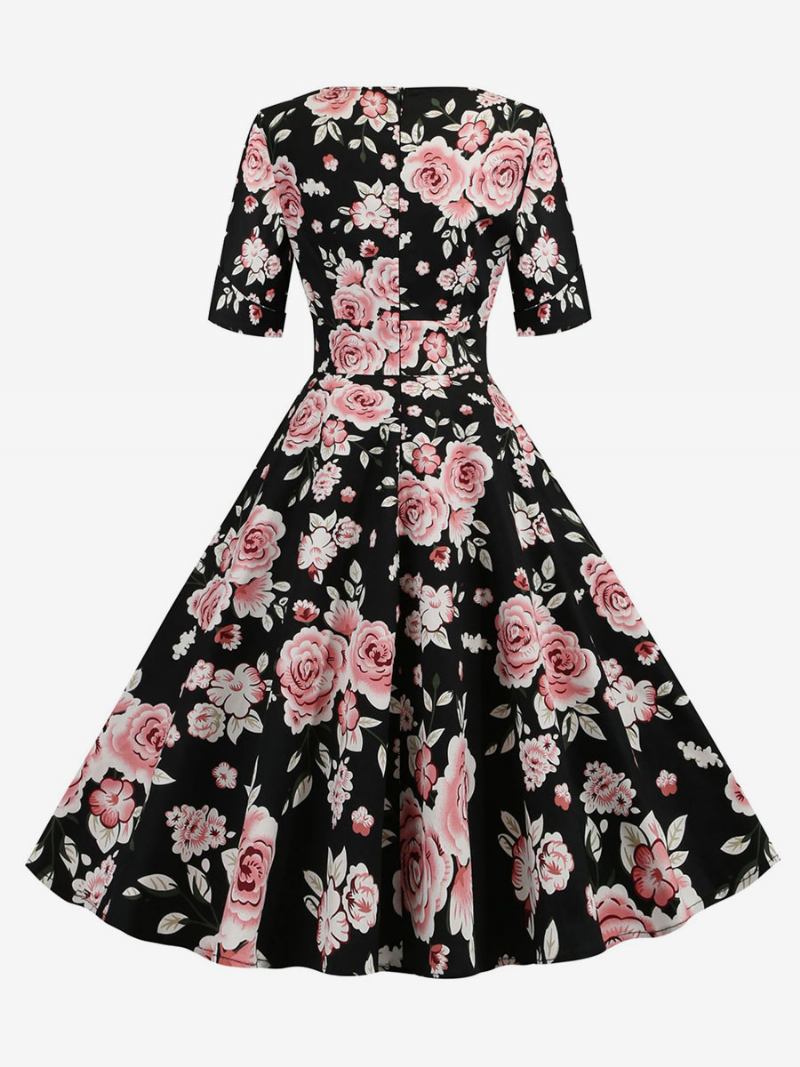 Vestido Retrô Feminino Dos Anos 1950. Estilo Audrey Hepburn Decote Em V Meia Manga Swing Estampado Médio - Preto