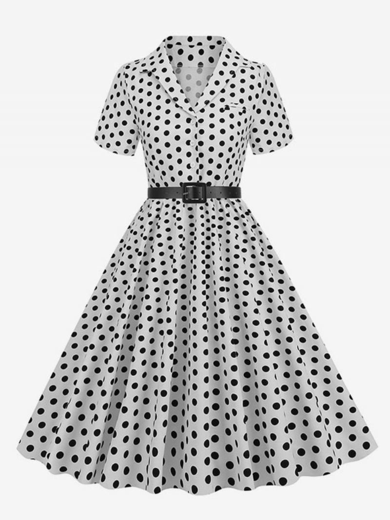 Vestido Retrô Feminino Dos Anos 1950. Estilo Audrey Hepburn Gola Aberta Botões Mangas Curtas Bolinhas Swing