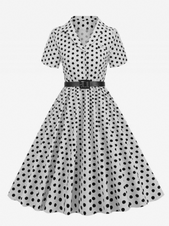 Vestido Retrô Feminino Dos Anos 1950. Estilo Audrey Hepburn Gola Aberta Botões Mangas Curtas Bolinhas Swing