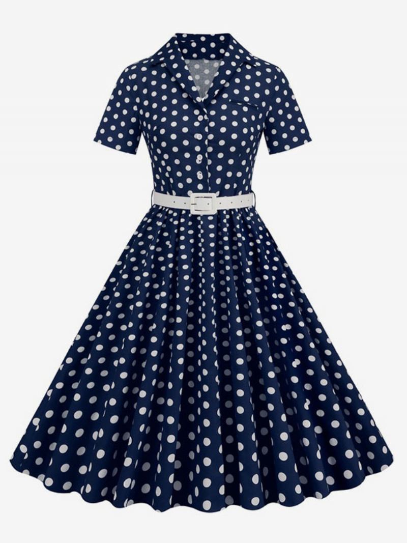 Vestido Retrô Feminino Dos Anos 1950. Estilo Audrey Hepburn Gola Aberta Botões Mangas Curtas Bolinhas Swing - Marinho Escuro