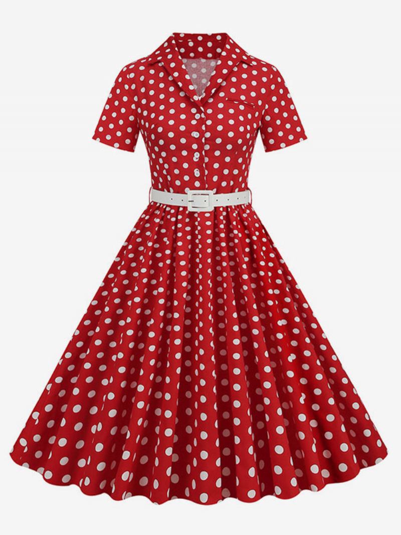 Vestido Retrô Feminino Dos Anos 1950. Estilo Audrey Hepburn Gola Aberta Botões Mangas Curtas Bolinhas Swing - Vermelho