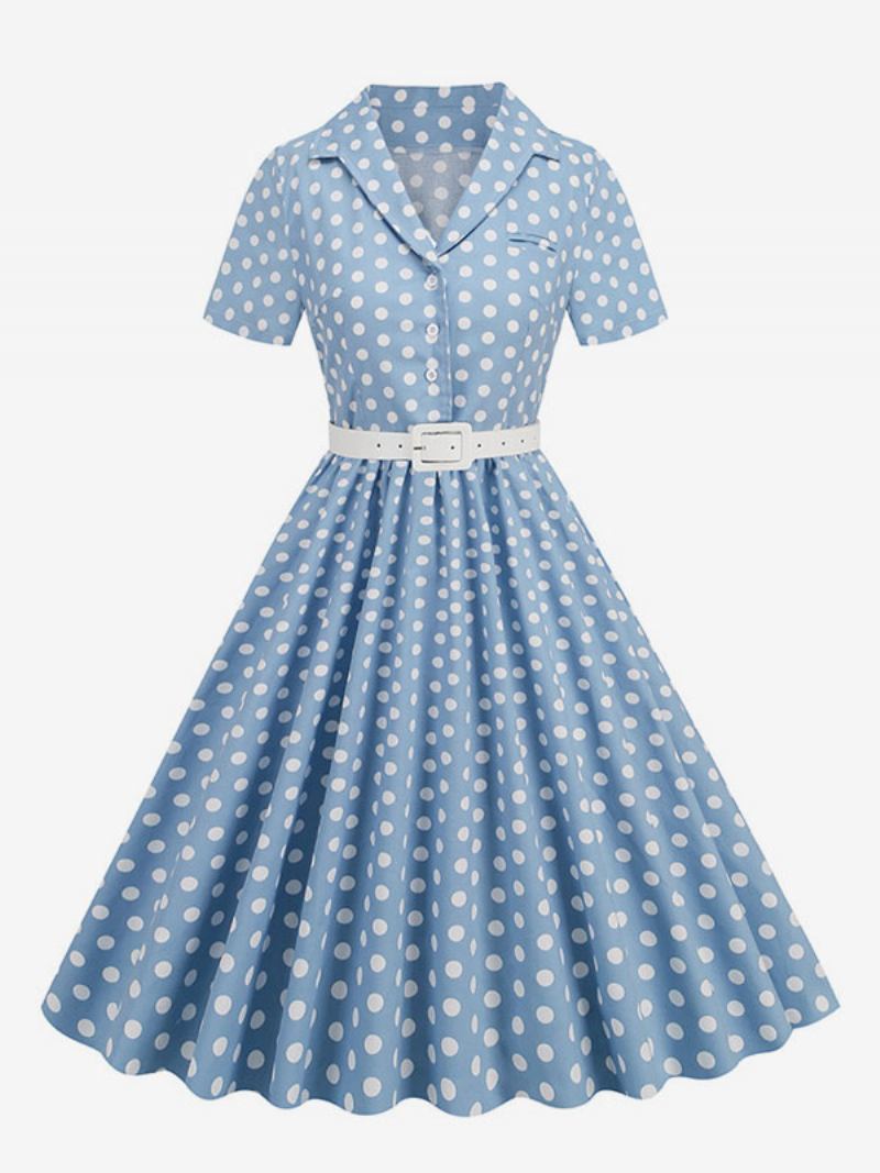 Vestido Retrô Feminino Dos Anos 1950. Estilo Audrey Hepburn Gola Aberta Botões Mangas Curtas Bolinhas Swing - Azul Céu Claro