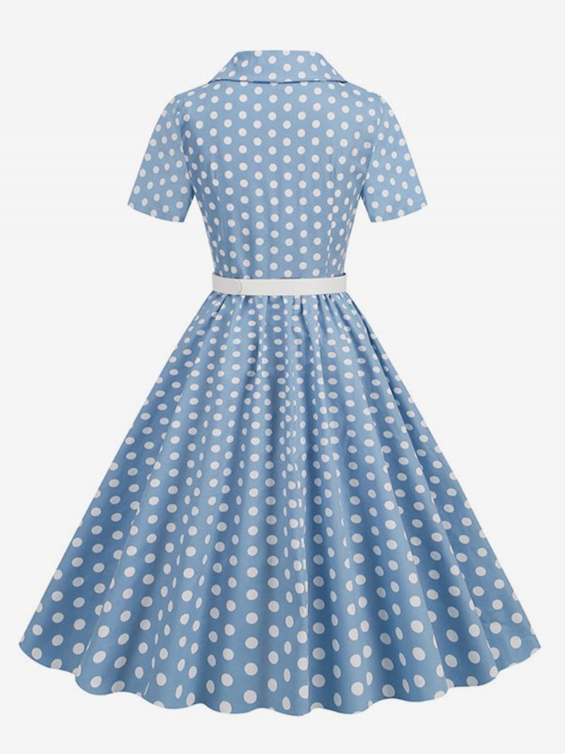 Vestido Retrô Feminino Dos Anos 1950. Estilo Audrey Hepburn Gola Aberta Botões Mangas Curtas Bolinhas Swing - Azul Céu Claro