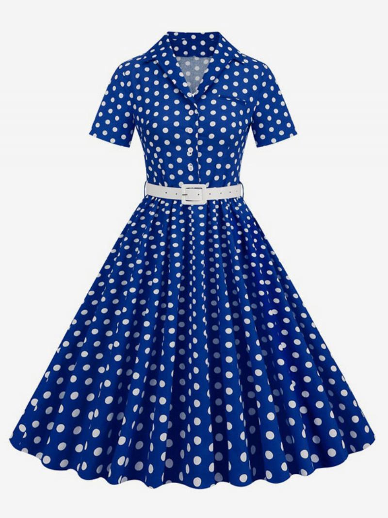 Vestido Retrô Feminino Dos Anos 1950. Estilo Audrey Hepburn Gola Aberta Botões Mangas Curtas Bolinhas Swing - Azul Royal