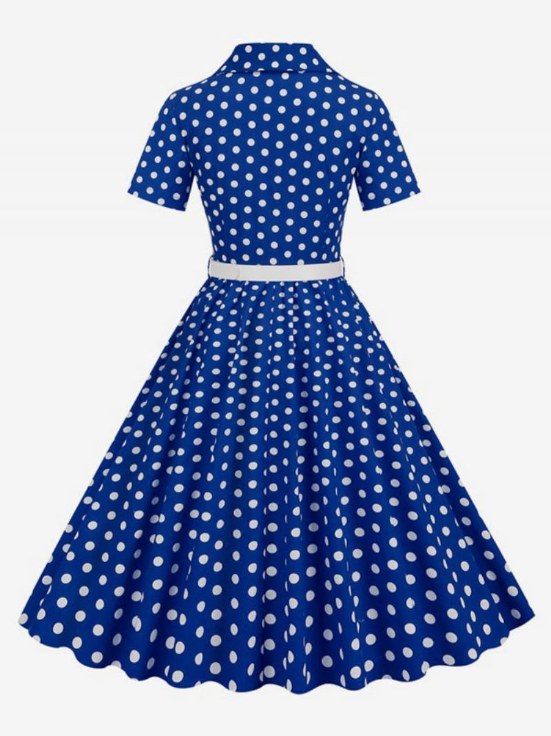 Vestido Retrô Feminino Dos Anos 1950. Estilo Audrey Hepburn Gola Aberta Botões Mangas Curtas Bolinhas Swing - Azul Royal