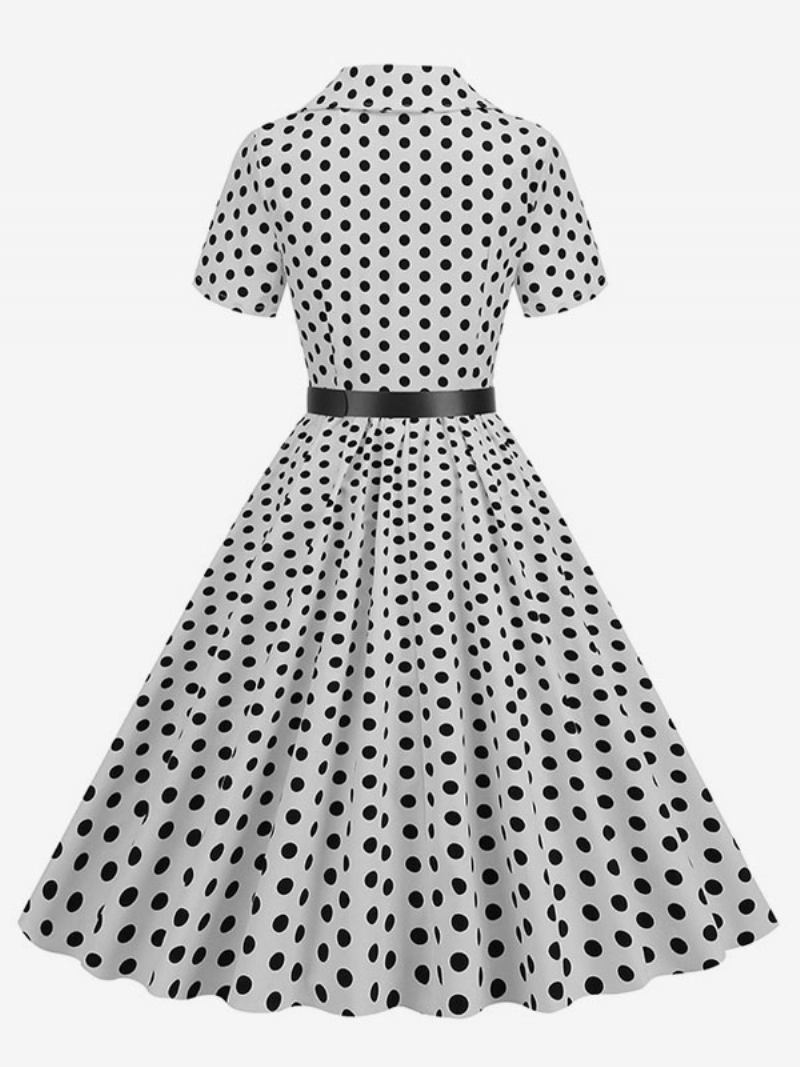 Vestido Retrô Feminino Dos Anos 1950. Estilo Audrey Hepburn Gola Aberta Botões Mangas Curtas Bolinhas Swing - Branco