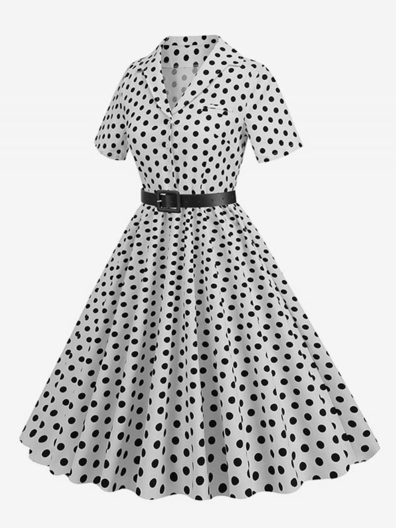 Vestido Retrô Feminino Dos Anos 1950. Estilo Audrey Hepburn Gola Aberta Botões Mangas Curtas Bolinhas Swing - Branco