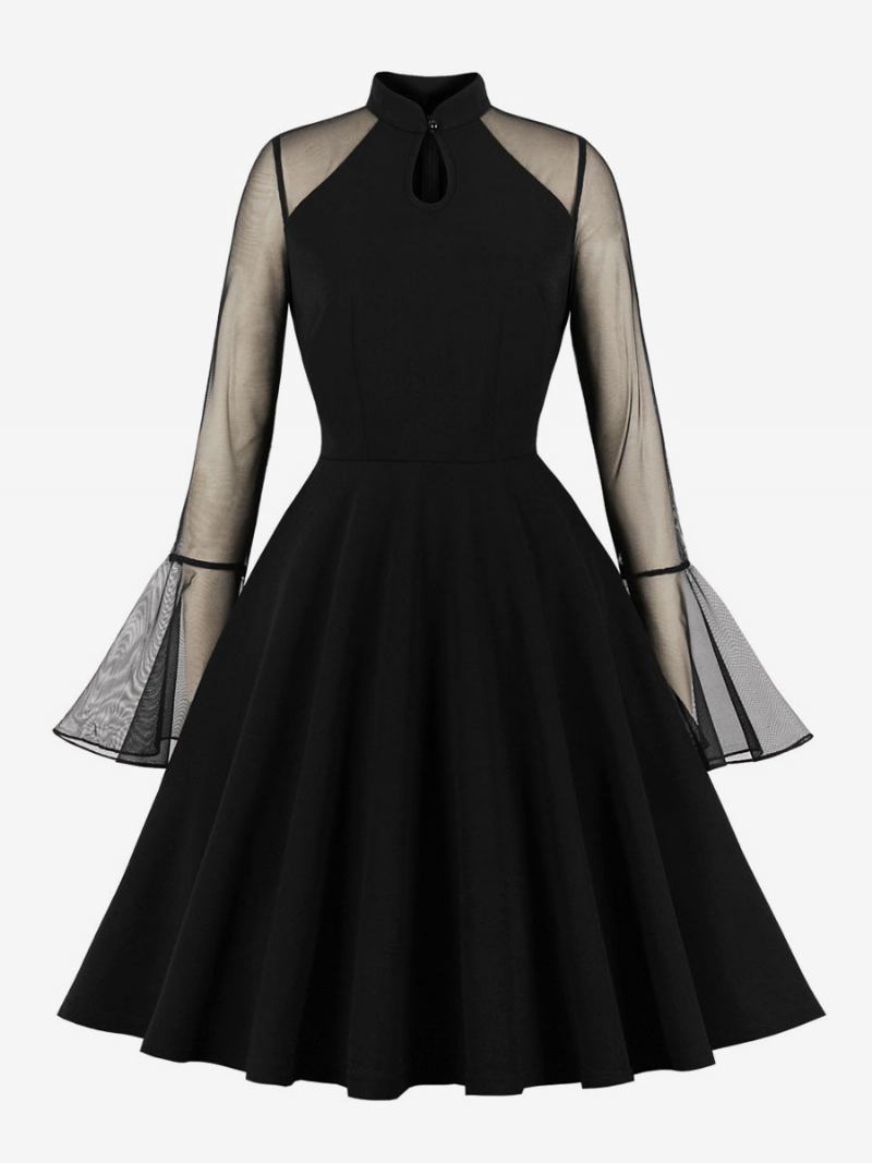 Vestido Retrô Feminino Dos Anos 1950. Estilo Audrey Hepburn Gola Alta Mangas Compridas Comprimento Do Joelho Rockabilly