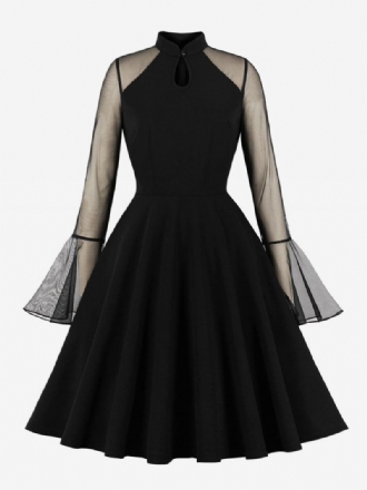 Vestido Retrô Feminino Dos Anos 1950. Estilo Audrey Hepburn Gola Alta Mangas Compridas Comprimento Do Joelho Rockabilly