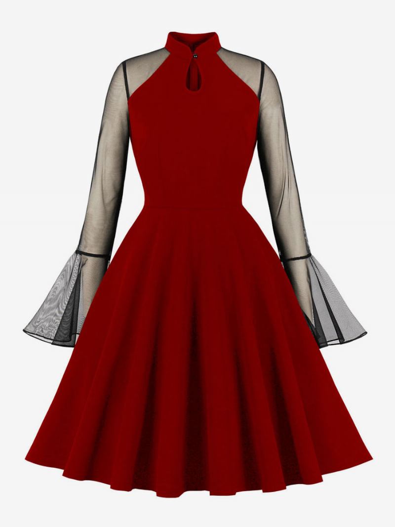 Vestido Retrô Feminino Dos Anos 1950. Estilo Audrey Hepburn Gola Alta Mangas Compridas Comprimento Do Joelho Rockabilly - Borgonha