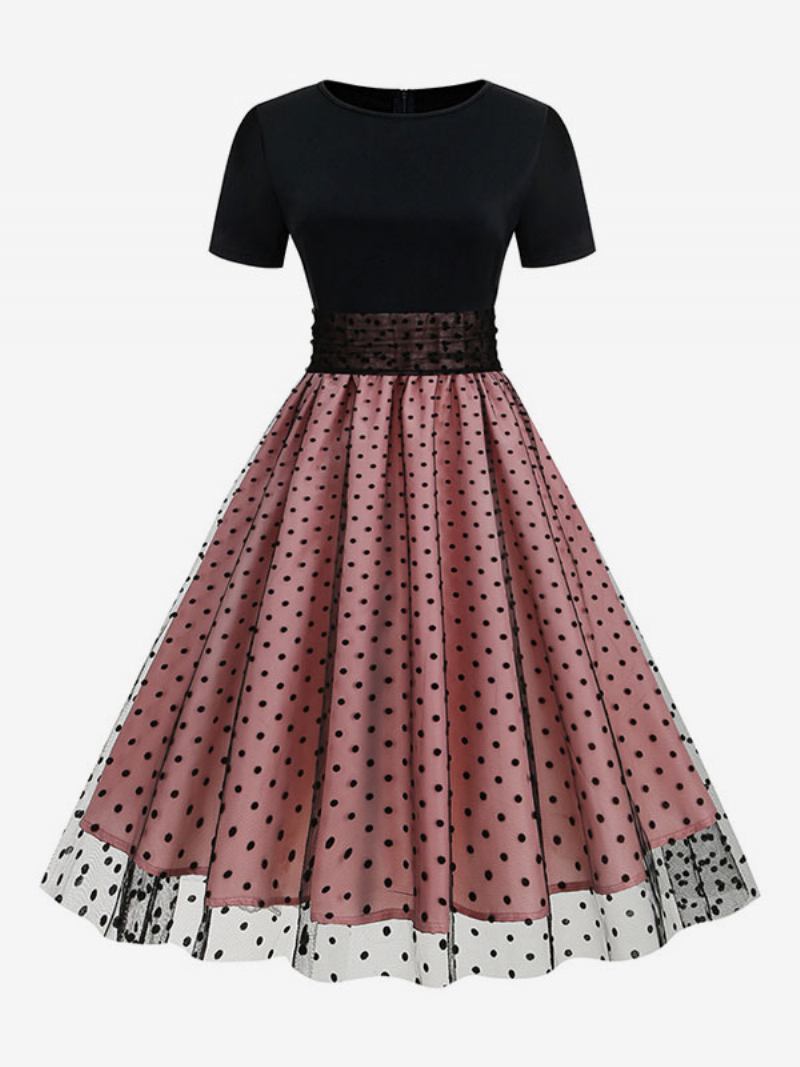 Vestido Retrô Feminino Dos Anos 1950. Estilo Audrey Hepburn Gola Joia Mangas Curtas Em Camadas Rockabilly Bolinhas Médias