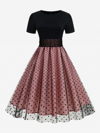 Vestido Retrô Feminino Dos Anos 1950. Estilo Audrey Hepburn Gola Joia Mangas Curtas Em Camadas Rockabilly Bolinhas Médias