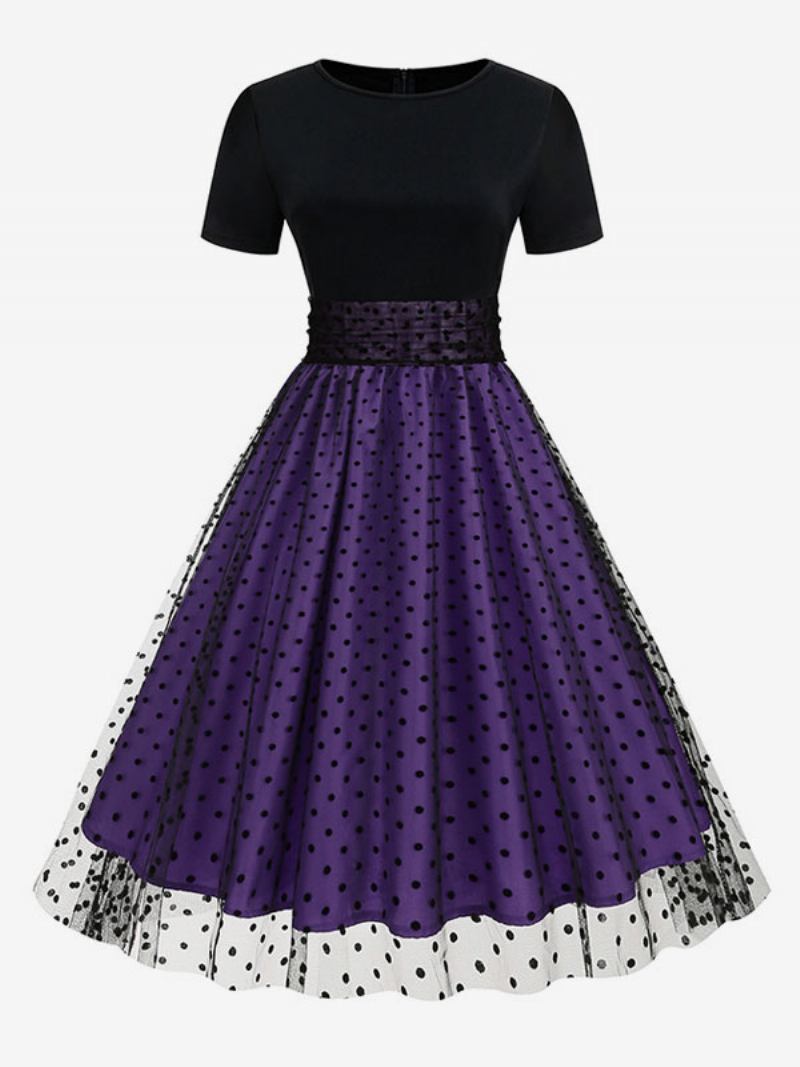 Vestido Retrô Feminino Dos Anos 1950. Estilo Audrey Hepburn Gola Joia Mangas Curtas Em Camadas Rockabilly Bolinhas Médias - Roxo