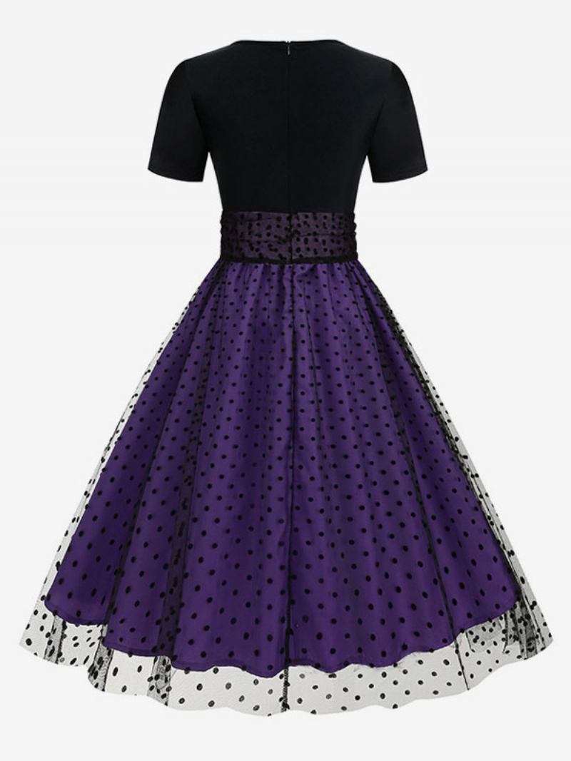 Vestido Retrô Feminino Dos Anos 1950. Estilo Audrey Hepburn Gola Joia Mangas Curtas Em Camadas Rockabilly Bolinhas Médias - Roxo