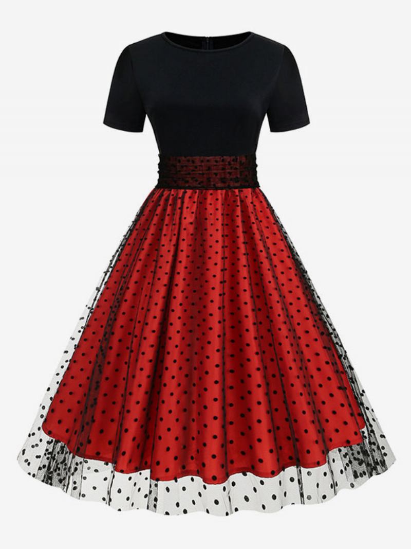 Vestido Retrô Feminino Dos Anos 1950. Estilo Audrey Hepburn Gola Joia Mangas Curtas Em Camadas Rockabilly Bolinhas Médias - Vermelho